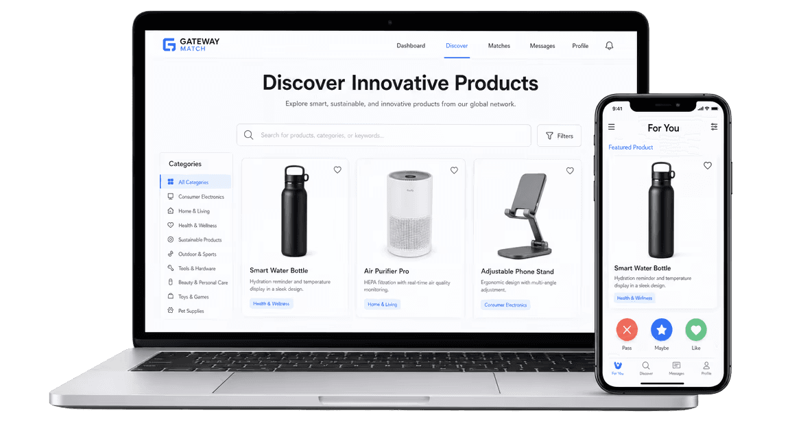 Gateway Match on a laptop and phone — companies browsing innovative products.