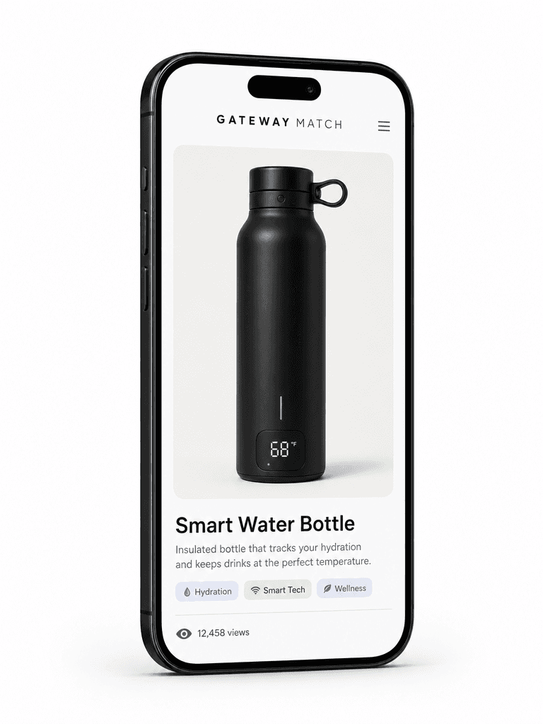 Gateway Match mobile app showing a Smart Water Bottle listing.