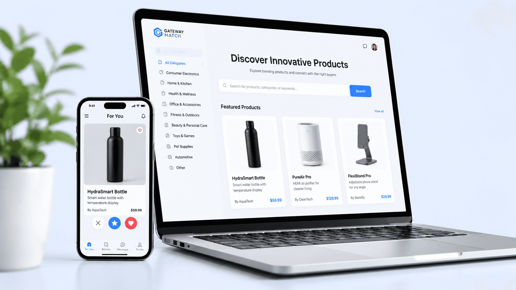 Gateway Match shown on a laptop and phone — browse and discover innovative products on desktop and mobile.